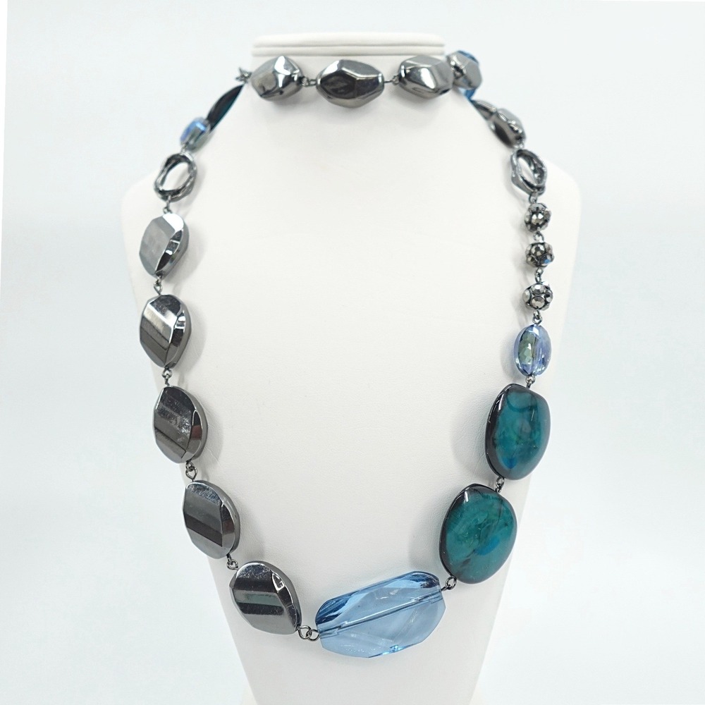 Chicos Long Station Necklace Gunmetal Blue Tone‎ Glass Resin Bead Artsy 40"